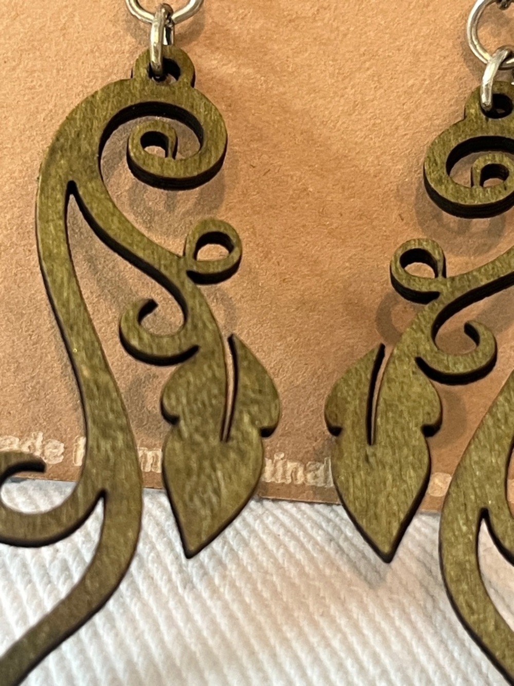Olive Green Scroll Drop Earrings - Picture 4 of 5